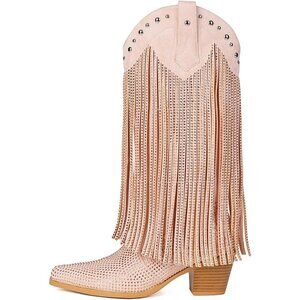 Pink Rhinestone Fringe Cowgirl Boots Women Pointed Toe Western Mid Calf Shoes